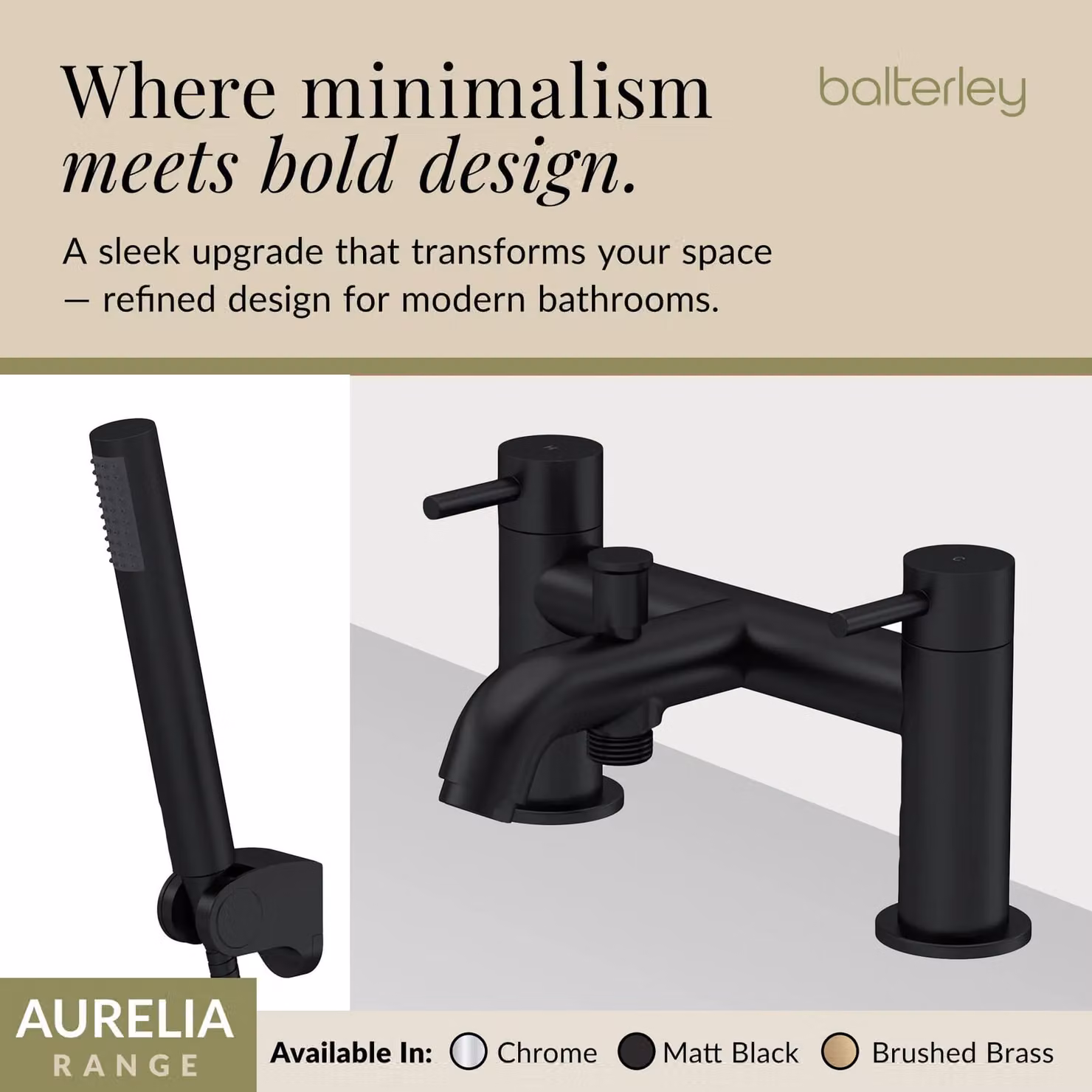 Balterley Round Single Lever Bath Shower Mixer Tap with Shower Kit in Matt Black – 3