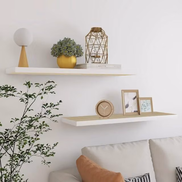Berkfield Home Floating Wall Shelves, 2 Piece Set in Oak and White, W/D/H: 90 x 23.5 x 3.8 cm – 1