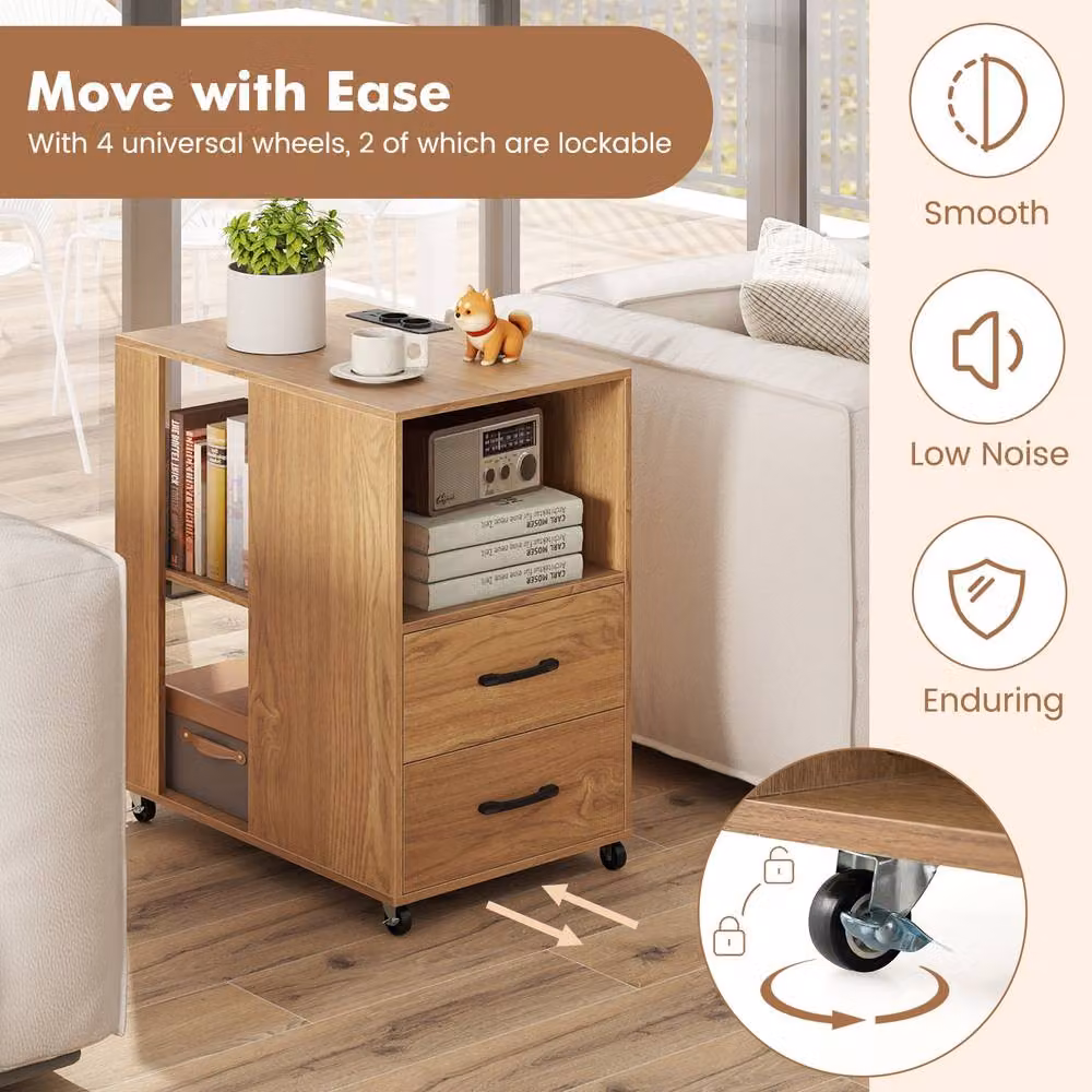 Gymax Rolling Nightstand End Side Table with Storage Drawers in Light Khaki – 3