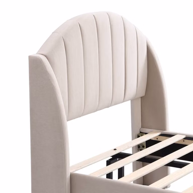 Rolipo Beige Velvet Single Bed Frame with Upholstered Headboard, W/D/H: 90 x 190 cm