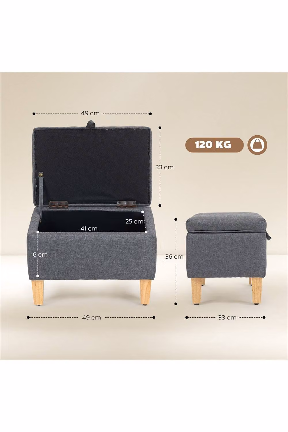 ERGOVEXA 16L Linen Storage Ottoman Padded Footstool, Charcoal Grey, W/D/H: 49 x 36 x 36 cm – 2