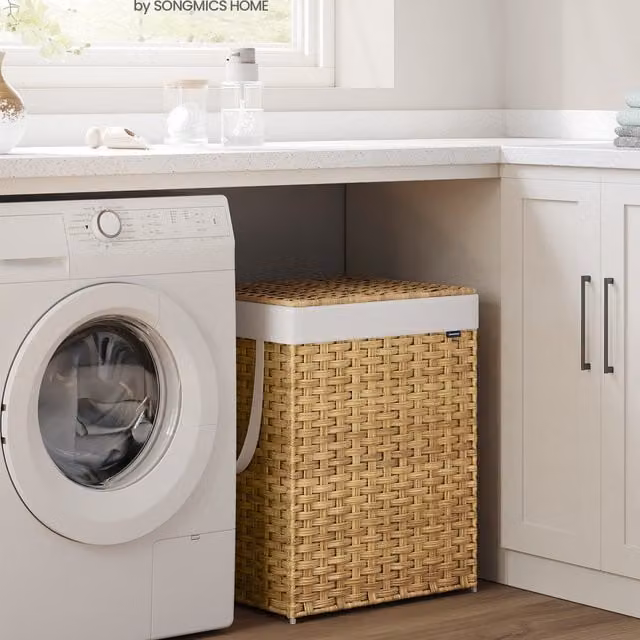 SONGMICS Foldable Laundry Basket with Lid and Handles, Yellow