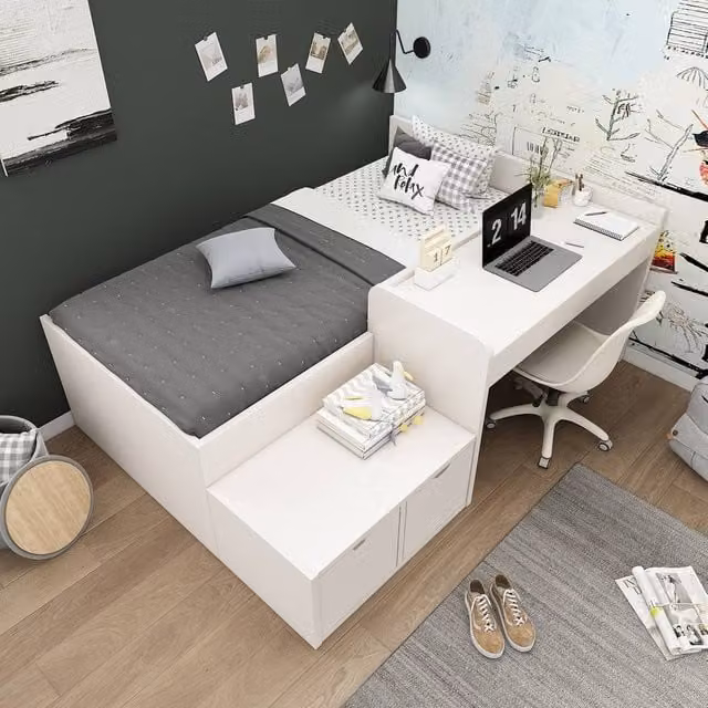 Merax Single Kids Bed Frame with Desk and Storage Drawers in White, W/D/H: 90 x 190 cm – 1