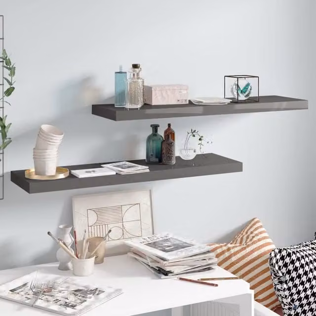 Berkfield Home Set of 2 Floating Wall Shelves in High Gloss Grey, W/D/H: 90 x 23.5 x 3.8 cm – 1