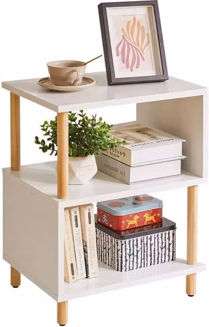 FORGEVIO White Modern Side Table with Wood Legs and Nested Tops, W/D/H: 50.5 x 40.0 x 40.0 cm