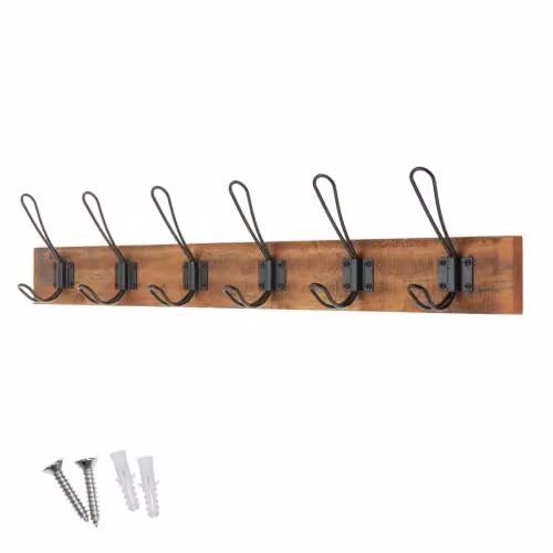 keypak Rustic Wall Mounted Coat Rack with 6 Double Wire Hooks on Brown Wooden Base and Black Metal Accents – 1