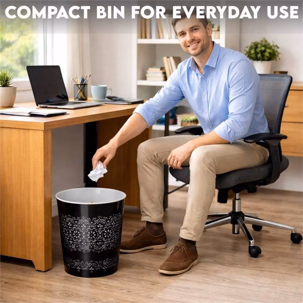 PAWNORA Black 9 Litre Plastic Waste Paper Bin for Home, Office or Kitchen – 4