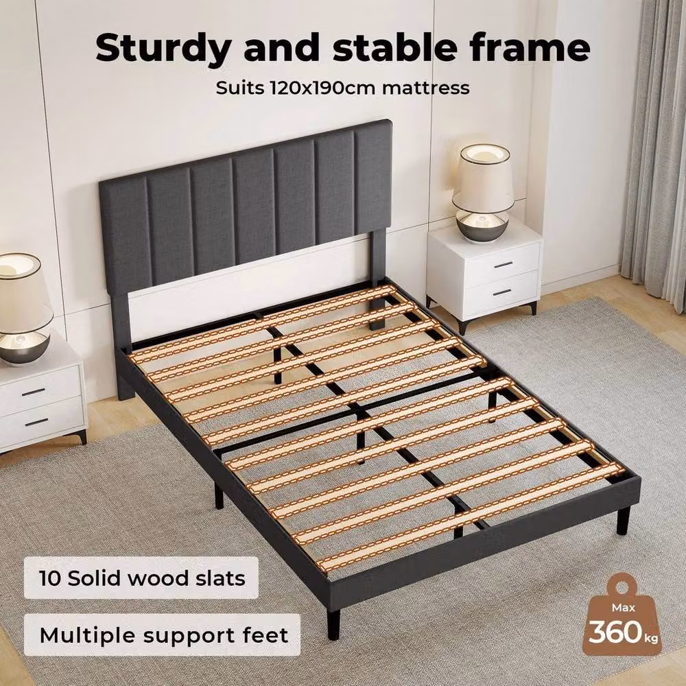 VOGREX Small Double Linen Upholstered Bed Frame in Grey, W: 120 cm, L: 200 cm – 4