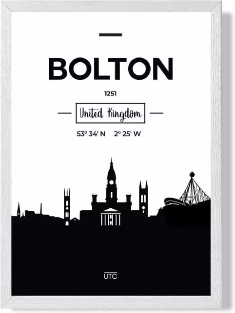 ARTZE Bolton Black and White City Skyline Framed Print in White Frame, A4