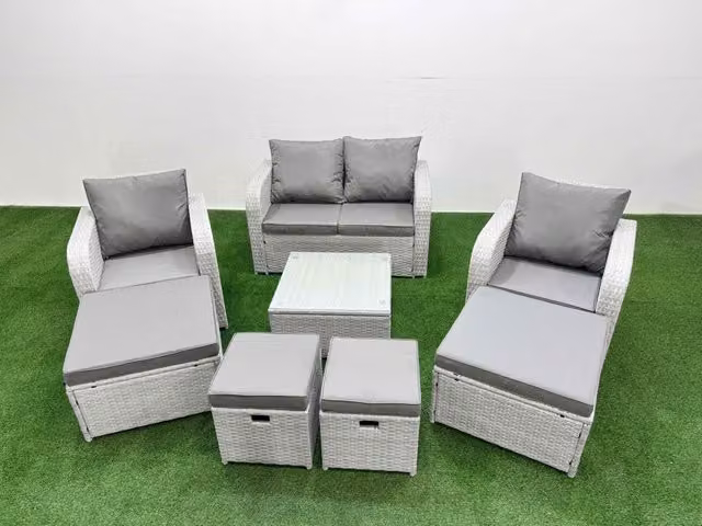 Fimous PE Rattan Love Sofa Reclining Chair Set with 4 Footstools in Light Grey