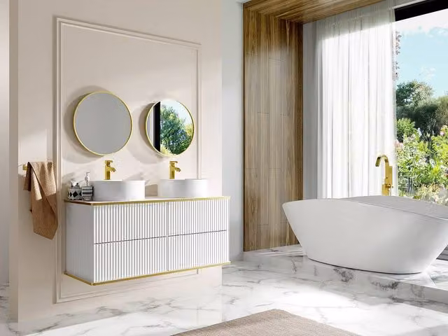 Vente-unique Ribbed White and Gold Suspended Bathroom Vanity with Double Round Ceramic Basins W/D/H: 120 x 47 x 54 cm – 1