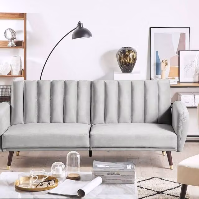 Wyld and Coco Convertible Click Clack Sofa Bed in Light Grey Velvet, W: 212 cm, D: 80 cm, H: 90 cm – 1
