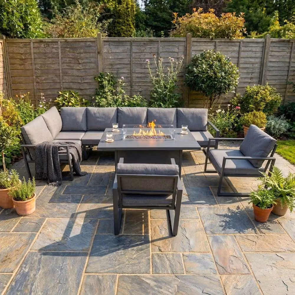 Monstershop 7 Seater Aluminium Garden Furniture Set in Anthracite Grey with Gas Fire Pit and Modular Corner Sofa – 2
