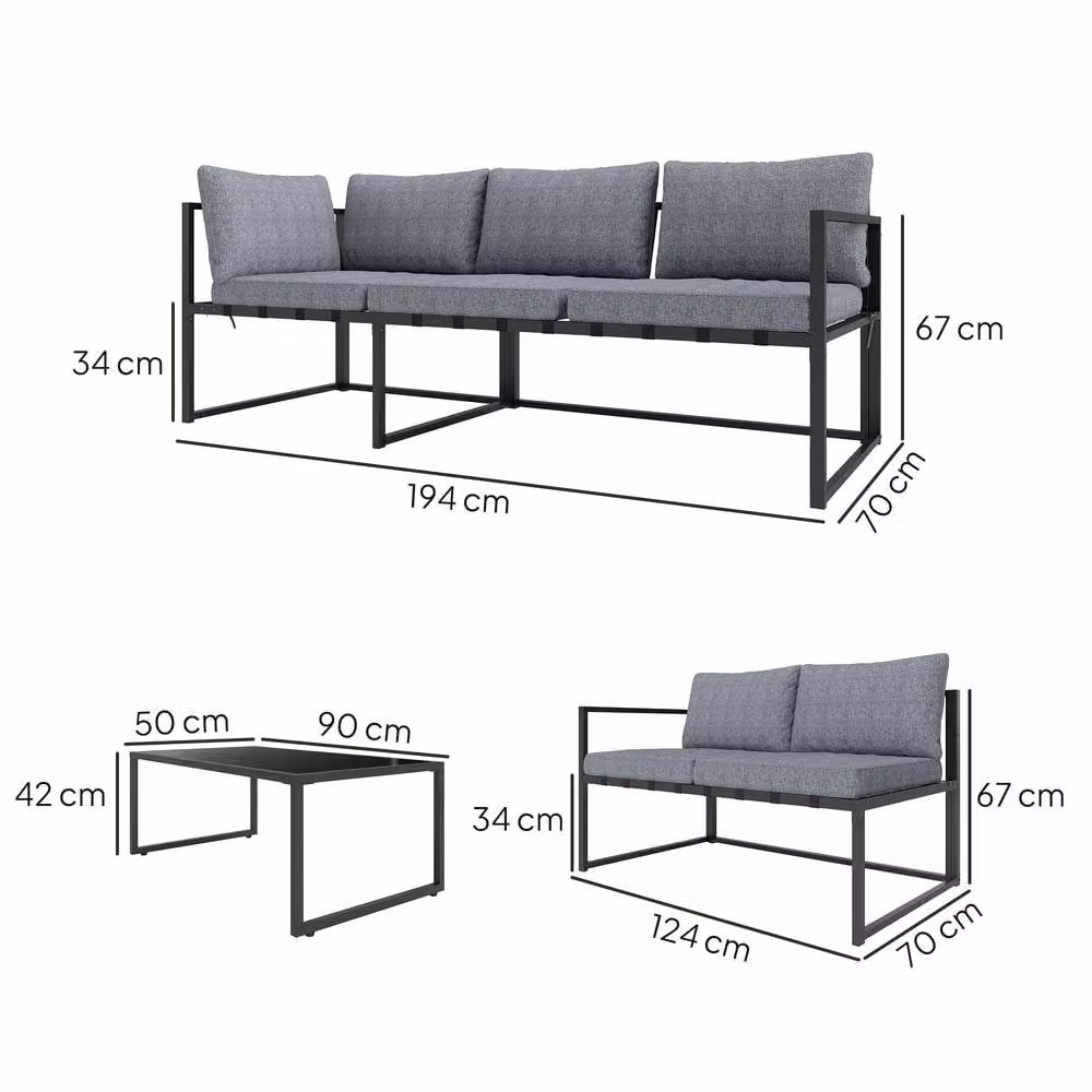 STILVORA 3-Piece Modern Sofa Set with Tempered Glass Top in Grey and Black – 3