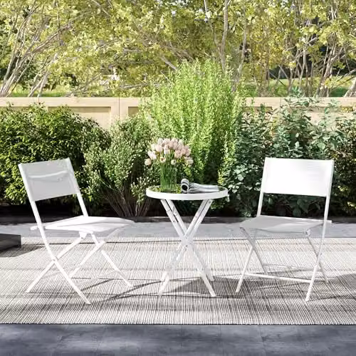 Outsunny 3 Piece Outdoor Bistro Set with Round Glass Top Table and 2 Folding Chairs in White – 6