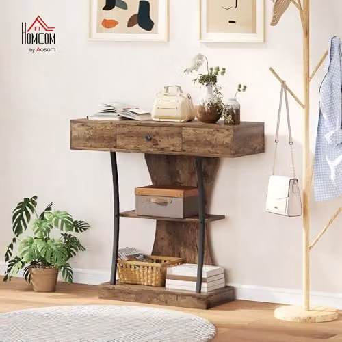 HOMCOM 3-Tier Industrial Console Table with Drawer in Brown and Black, W/D/H: 91 x 32 x 87 cm – 2