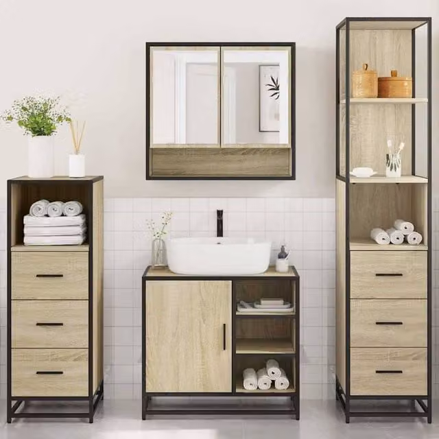 Berkfield Home 4-Piece Industrial Bathroom Furniture Set in Sonoma Oak – 1