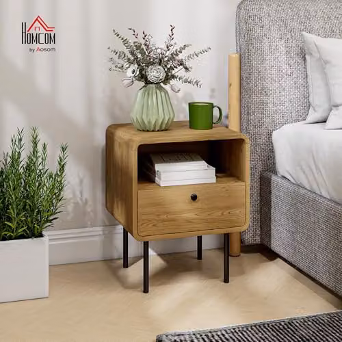 HOMCOM Modern Bedside Table with Storage Drawer and Shelf in Oak – 2