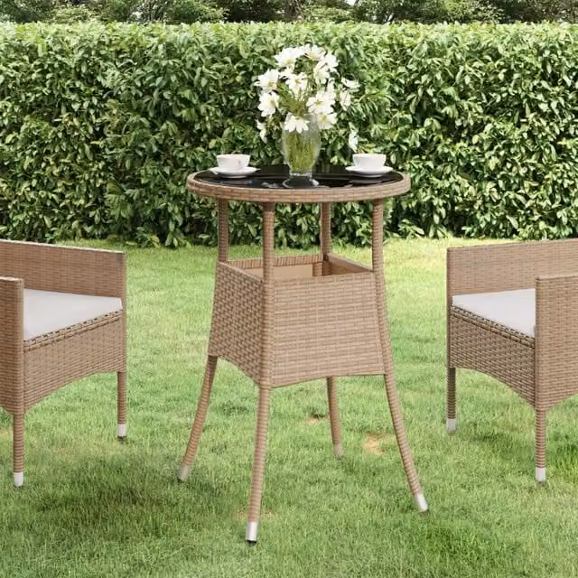 Berkfield Home Garden Table in Beige with Tempered Glass and Poly Rattan, W: 60 cm, H: 75 cm – 1
