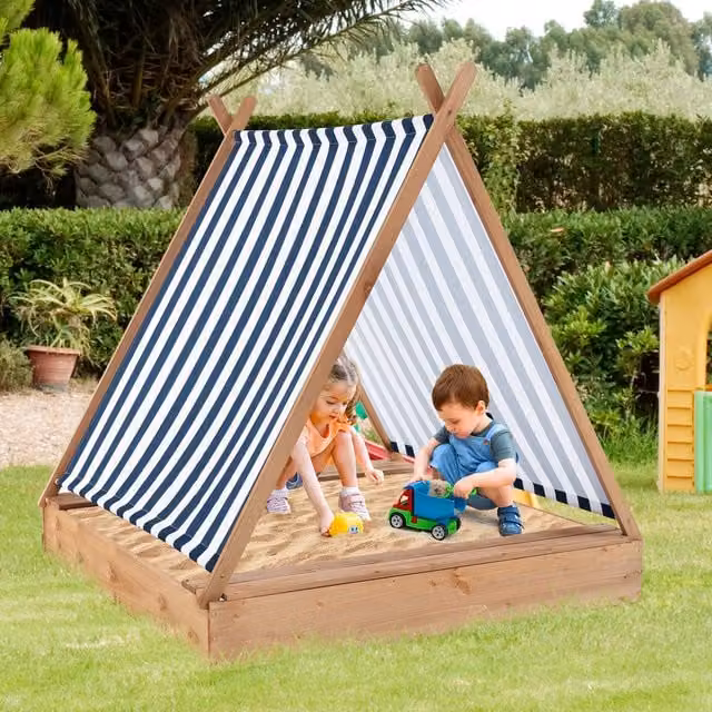 Costway Wooden Kids Sandbox with Cover in Brown