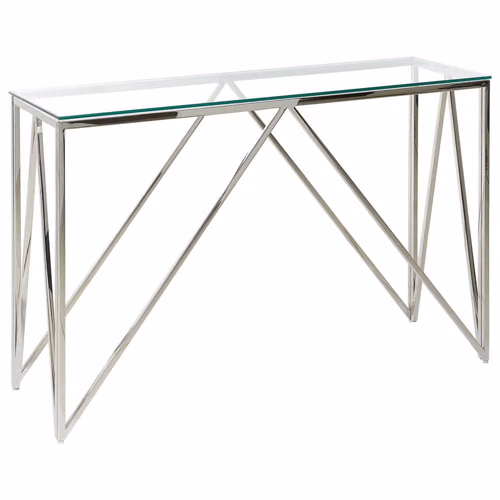 Wyld and Coco Silver Tempered Glass Rectangular Console Table with Stainless Steel X-Frame, W: 120 cm, D: 40 cm – 2