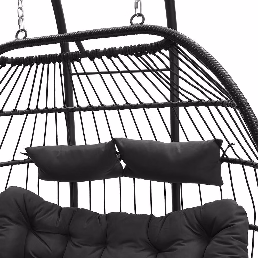 Living and Home Black Matt Rattan and Metal Freestanding 2-Seater Outdoor Hanging Egg Chair – 4