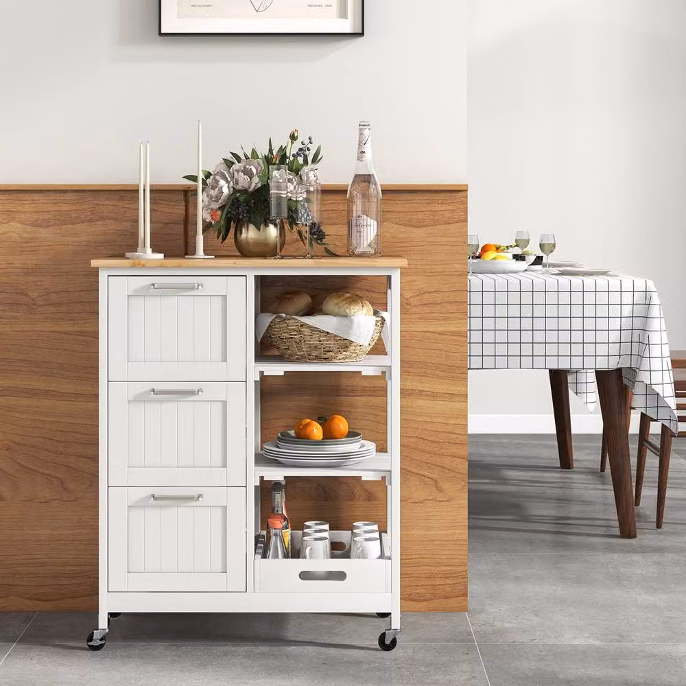 Gymax White Rolling Kitchen Island Utility Cart with Lockable Wheels and Wood Top – 5