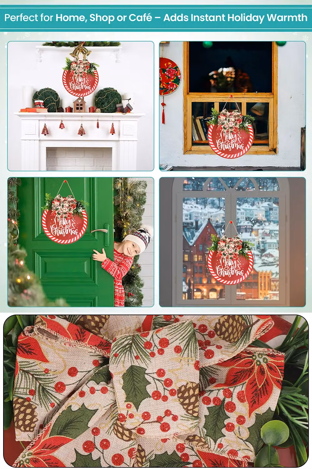 Neel Blue Round Christmas Wall Hanging Sign with Floral Design in Red and White, Diameter: 29.5 cm – 6