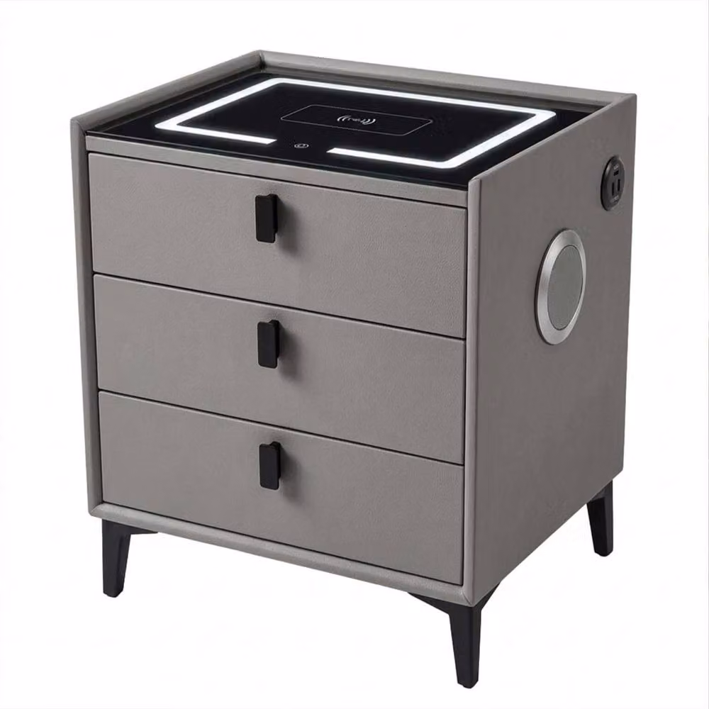 MN Furniture Bedside Table with LED Lighting, Wireless Charging, Bluetooth and 3 Drawers in Grey – 2