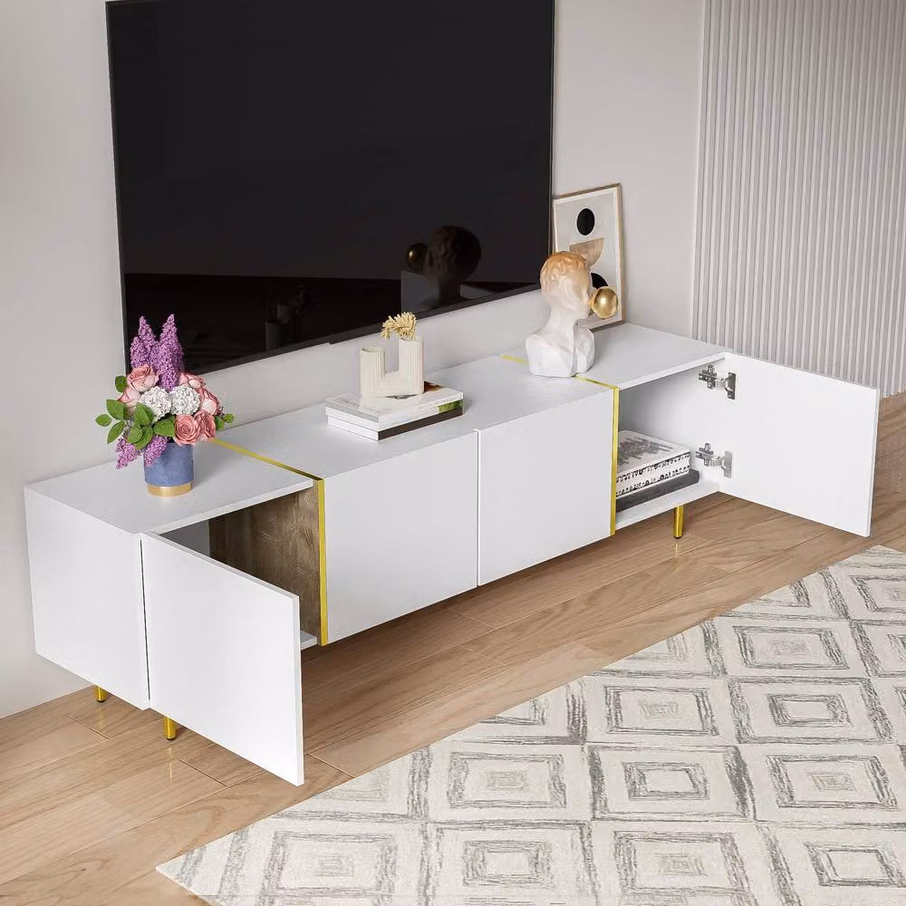 STILVORA Modern White High-Gloss TV Cabinet with 4 Doors and Gold Accents – 2