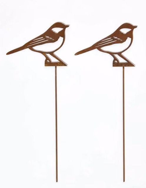 Homescapes Set of 2 Brown Steel Great Tit Garden Stake Decorations