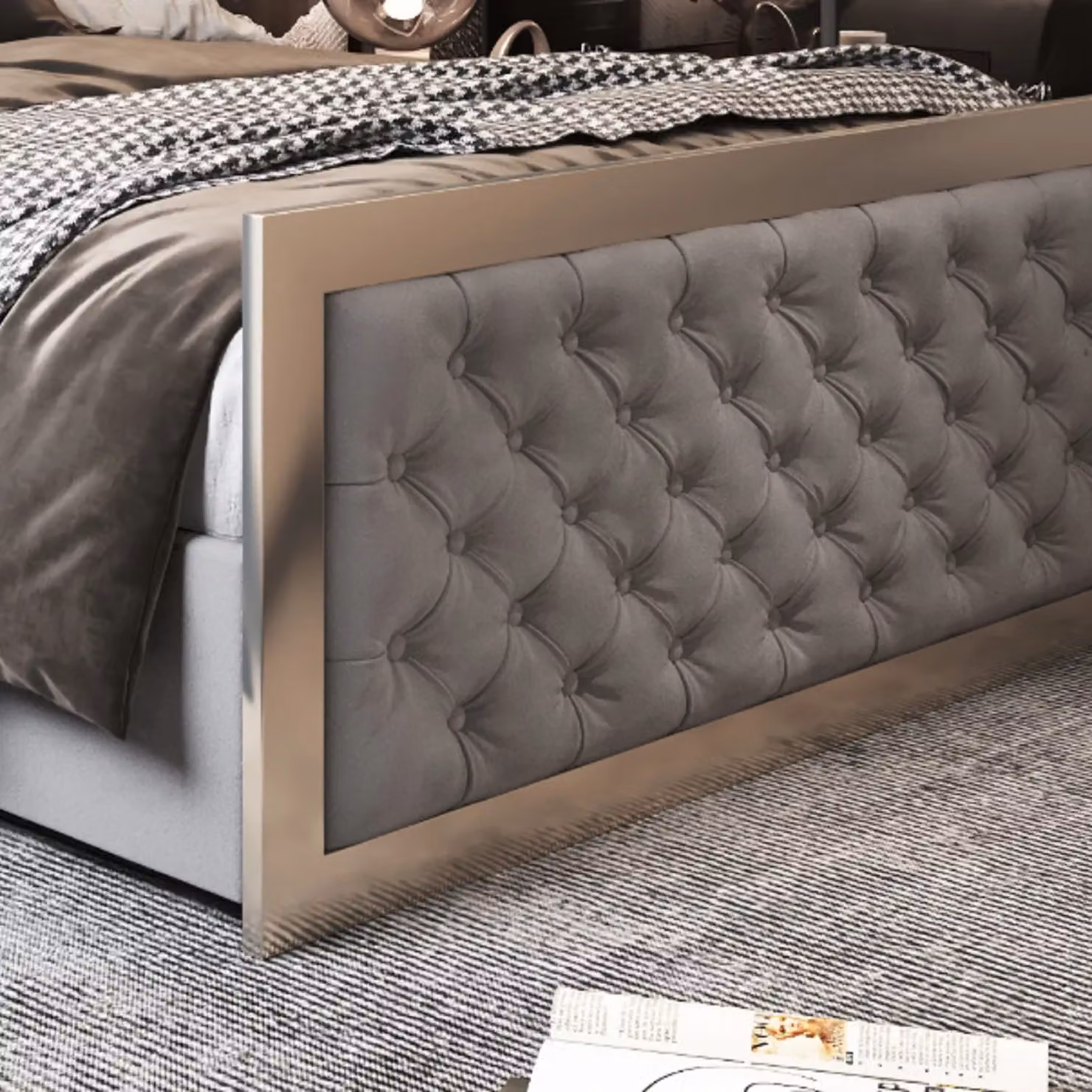 Casani Maddison Upholstered Velvet Metal Bed Frame in Grey, W/D/H: 137 x 120 x 200 cm – 3