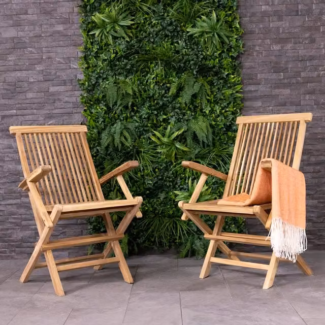 Charles Bentley Pair of Classic Untreated Solid Teak Wood Folding Arm Chairs in Brown and Yellow