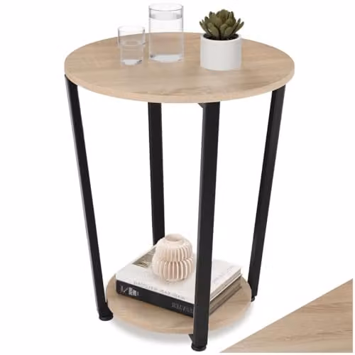 tectake Round Industrial Style Side Table with Steel Frame and Brown Wooden Shelves, Diameter: 50 cm, Height: 62.5 cm – 1