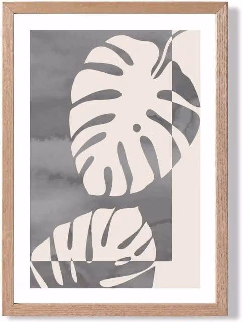 ARTZE Grey Monstera Mid Century Tropical Botanical Framed Print with Oak Frame