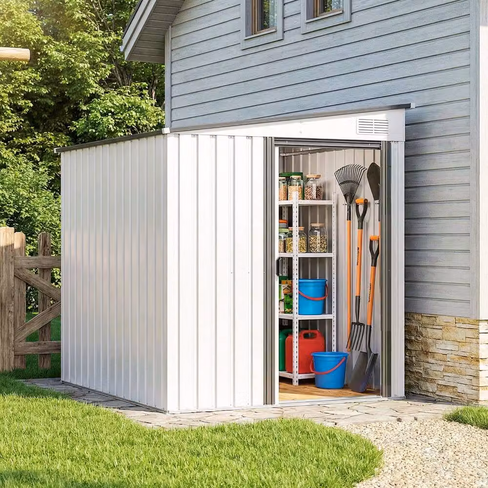 Rolipo White Galvanised Steel Pent Garden Shed with Sliding Door, W/D/H: 213.36 x 152.4 x 181.0 cm – 3