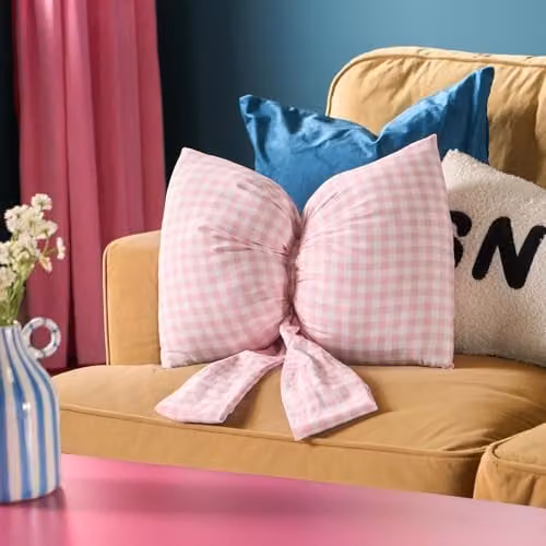 OHS Pink Gingham Bow Shaped Scatter Cushion, W: 50 cm, H: 35 cm, D: 35 cm – 1