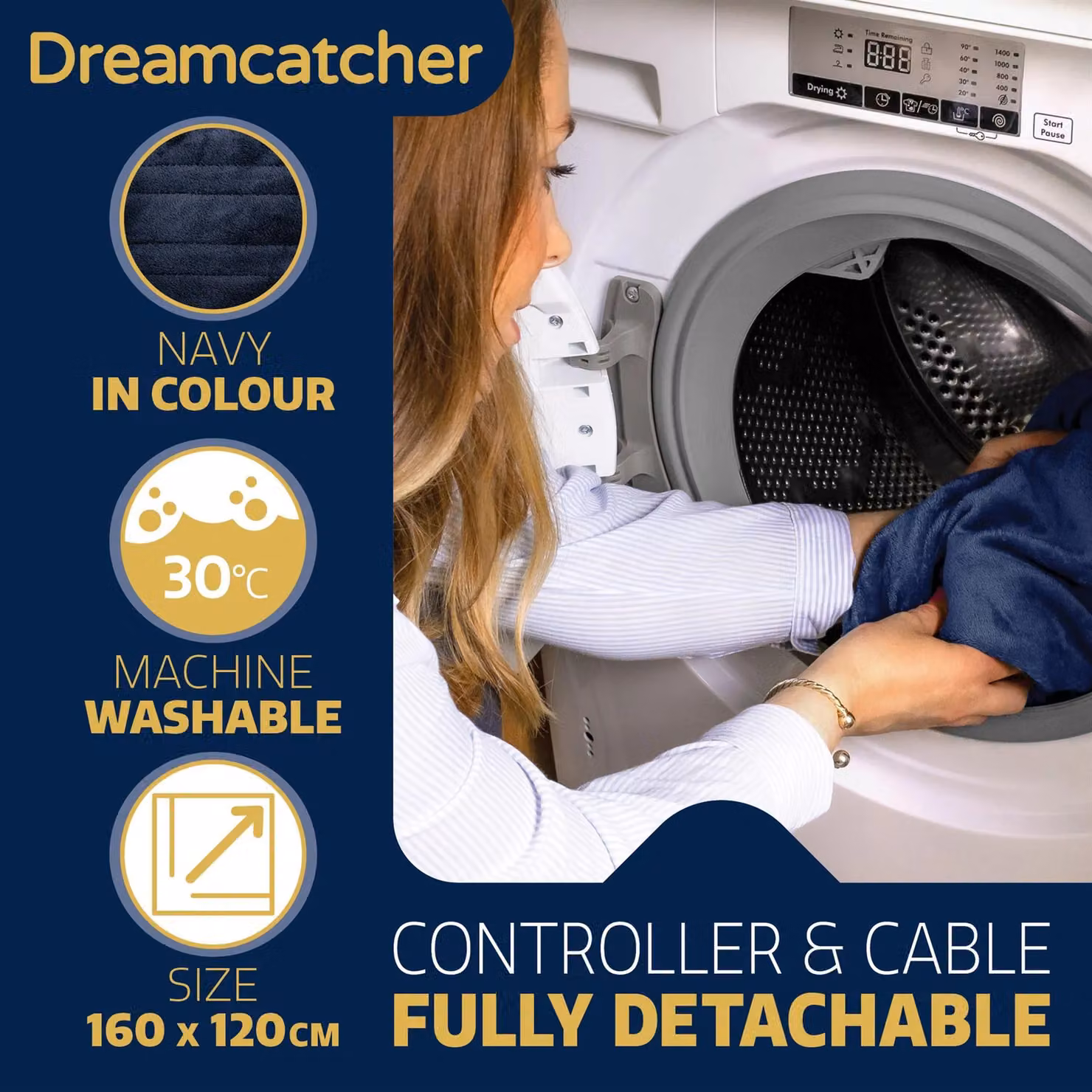 Dreamcatcher Deluxe Electric Heated Double Over Blanket in Navy Blue with Soft Fleece and Timer – 4