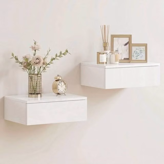 KORVIXA Set of 2 Wall-Mounted Floating Bedside Tables in White Glossy Finish