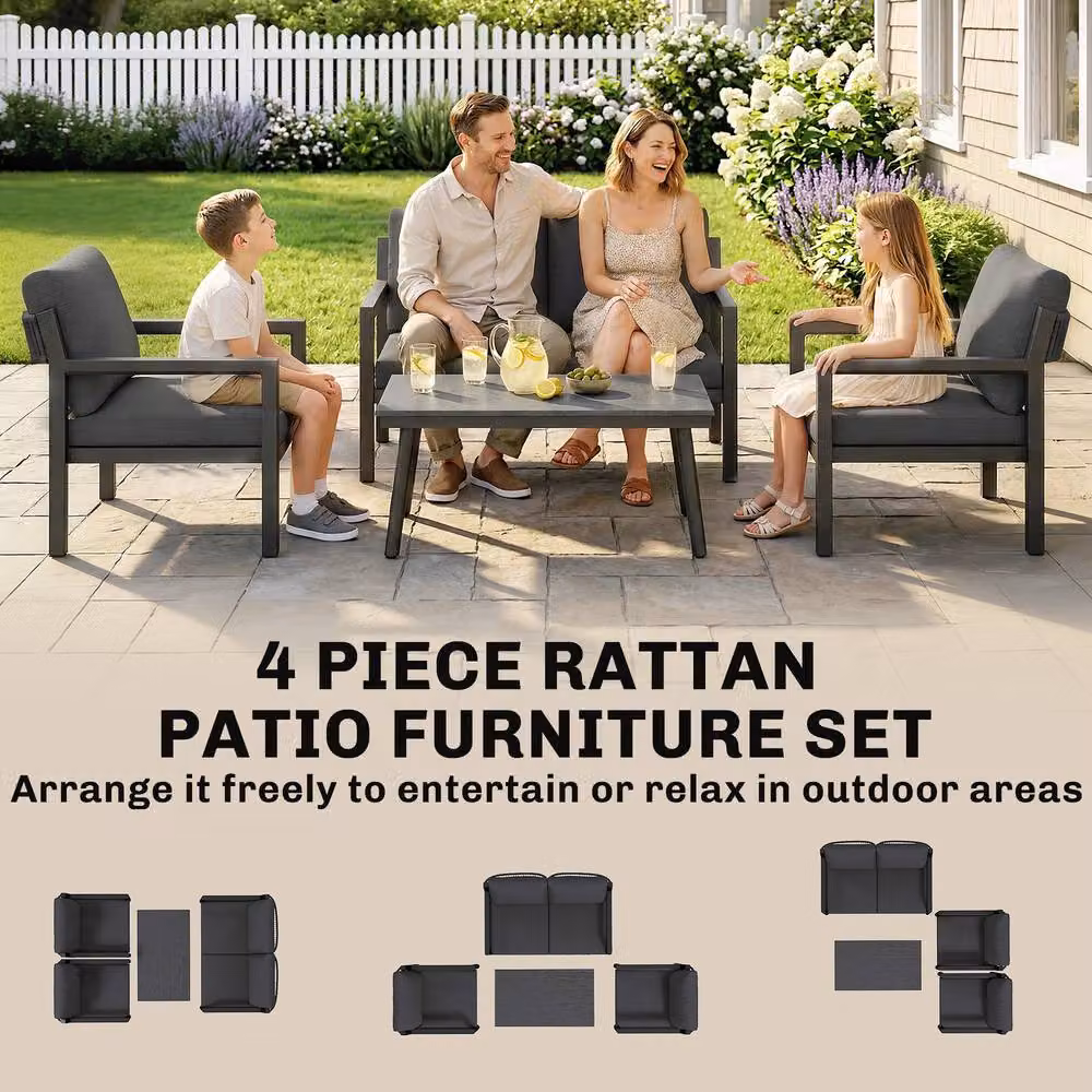 OUTSUNNY Modern Polyrattan Garden Furniture Set with Upholstered Cushions in Dark Grey – 3