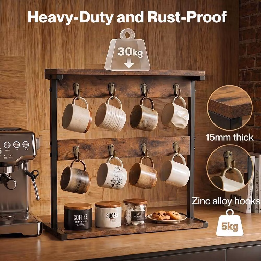 KORVIXA Brown Wood Coffee Mug Holder Stand with Shelf – 5