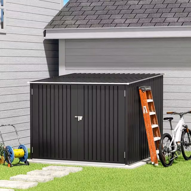 Lifeideas Modern Metal Pent Garden Storage Shed with Double Doors in Matt Black