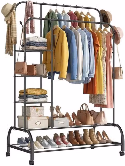 KORVIXA Black Metal Double Rail Clothes Garment Hanging Rack W/D/H: 90 x 56 x 160 cm – 1