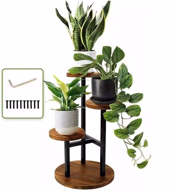 PAWNORA 3 Tier Metal and Wooden Plant Display Stand in Brown, W: 100 cm, D: 15 cm, H: 15 cm