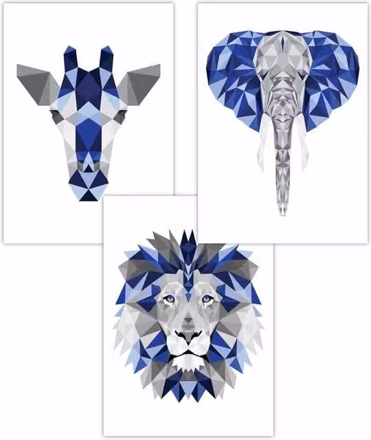 ARTZE Set of 3 Geometric Jungle Animal Head Art Posters in Blue and Grey, W: 50 cm, H: 70 cm