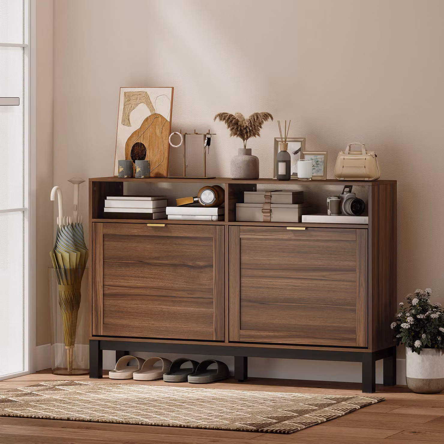 HOMCOM Rustic Brown Shoe Cabinet with 2 Tilting Compartments and Open Shelf for Hallway and Entryway – 2