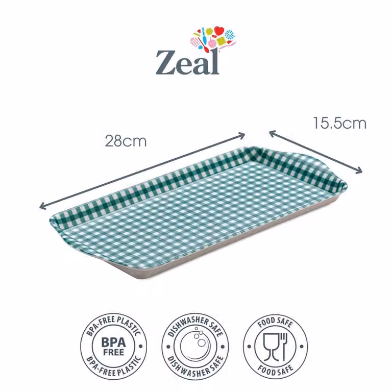 Zeal Melamine Gingham Sandwich Serving Tray with Handles, Green, W: 28 cm x D: 15 cm x H: 2 cm