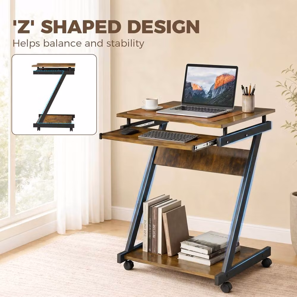 HOMCOM Movable Computer Desk with Castors in Rustic Brown – 3