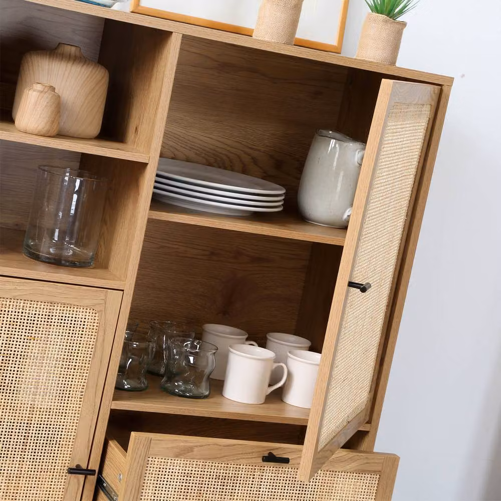 CALICOSY Jaya High Buffet with Natural Rattan Fronts in Light Brown, W: 100 cm, H: 120 cm – 4
