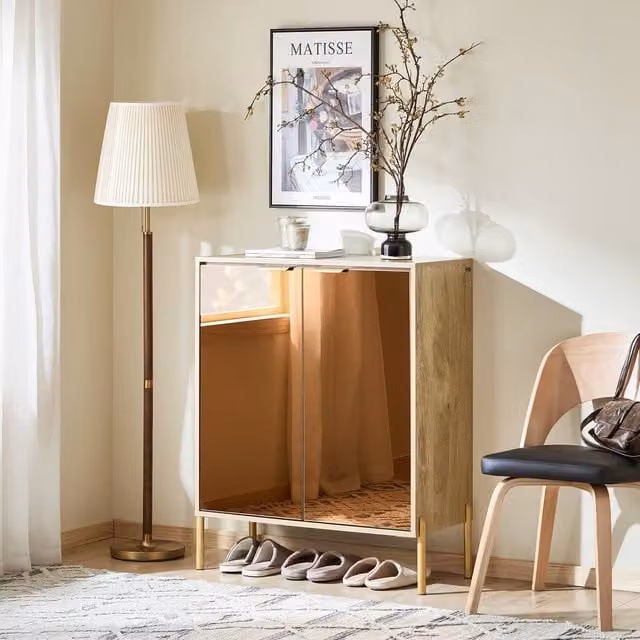 SoBuy Modern Entrance Cabinet with Mirrored Glass Doors and Internal Shelves in Oak